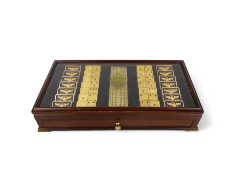 A House of Faberge Imperial Dominoes set - crafted in 22ct gold plate and blue guilloche enamel, in original wooden display c