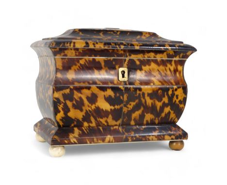 A late George III tortoiseshell tea caddy - of rectangular casket form with a two division interior, featuring a cartouche to