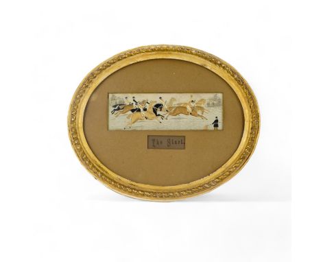 A 19th century horse racing stevengraph 'The Start' - framed as an oval, 21cm x 26cm