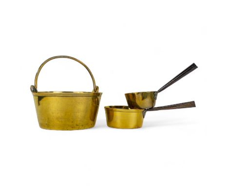 A late 19th century brass jam pan - with swing handle, 27cm diameter, together with two small saucepans with wrought iron han