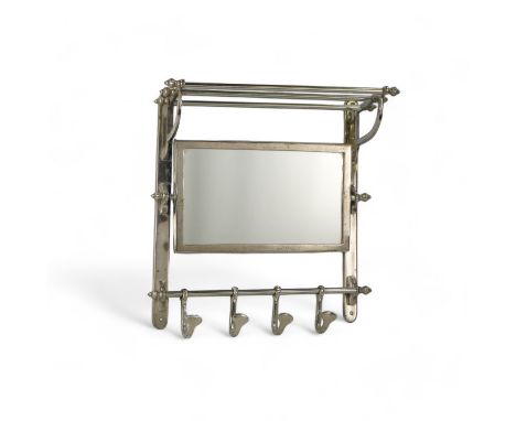 A 20th century chrome mirrored hat and coat rack - of rail interest, with a narrow shelf, rectangular mirror and three hooks,