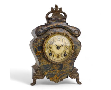 An early 20th century mantel clock - with a faux marble French case, the dial set out in Arabic numerals 25cm high