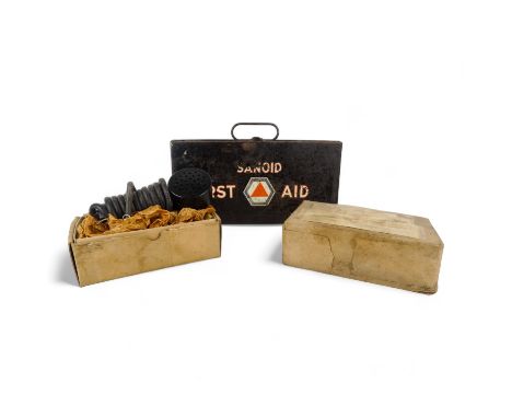 A pair of MOD hand held microphones - circa 1961, boxed, one still sealed, together with a steel first aid kit box. (3)