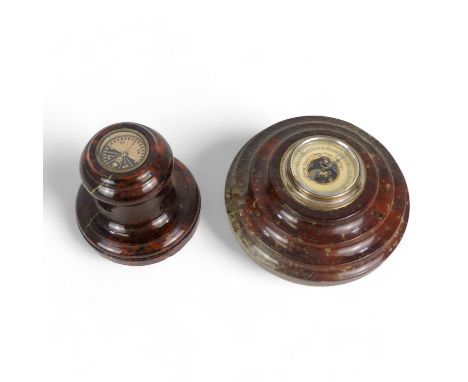 An early 20th century turned serpentine table compass - 10cm diam, together with an aneroid barometer (2)