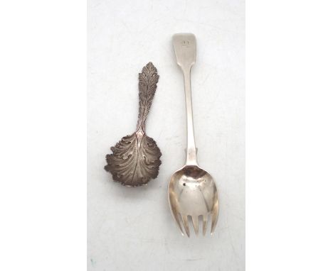 A Victorian silver caddy spoon, in the form of an acanthus leaf, maker's mark obscured, and a Victorian silver runcible spoon