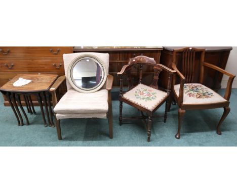 A mixed lot to include Parker knoll armchair, Edwardian corner chair, tapestry upholstered armchair and mahogany nest of thre