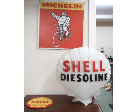 A moulded glass Shell Diesoline pump light globe, Shell advertising sign and a Michelin advertising sign (3) Condition Report