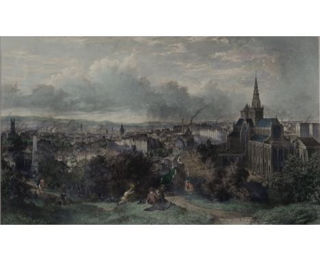 SCOTTISH SCHOOL&nbsp; GLASGOW FROM THE NECROPOLIS Coloured engraving, 35 x 60cm Together with a signed print by Ian Orchardso