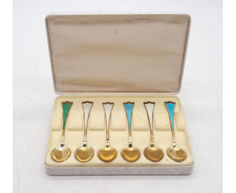 A set of six Norwegian silver gilt guilloche enamel demitasse coffee spoons, by J. Tostrup, 55gms Condition Report:Available 