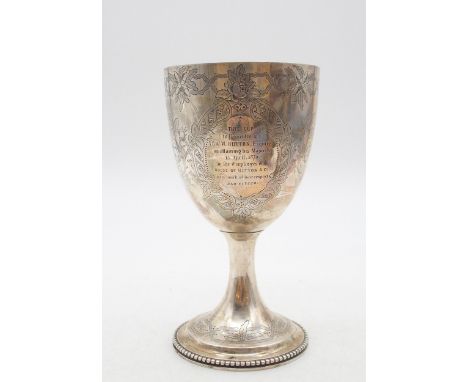 A Victorian silver goblet, by Goldsmiths Alliance Ltd, London 1867, with engraved floral decoration with ornate cartouches, w