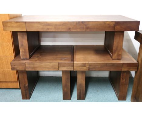 A contemporary single drawer coffee table, 41cm high x 125cm wide x 64cm deep and a pair of accompanying pair of single drawe