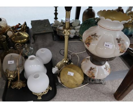 An oil lamp,&nbsp; a hanging lamp and assorted shades Condition Report:No condition report available.