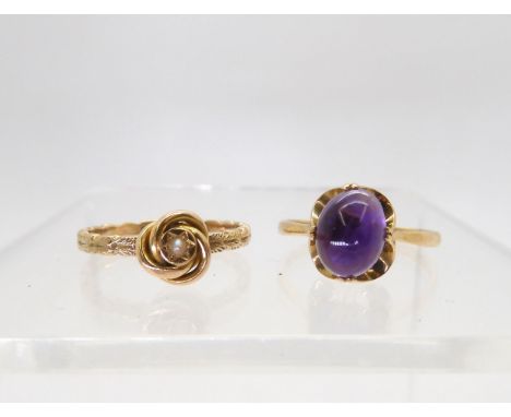 A 9ct gold amethyst retro ring, hallmarked London 1968, finger size P1/2 together with a knot ring dated 1943, finger size P,