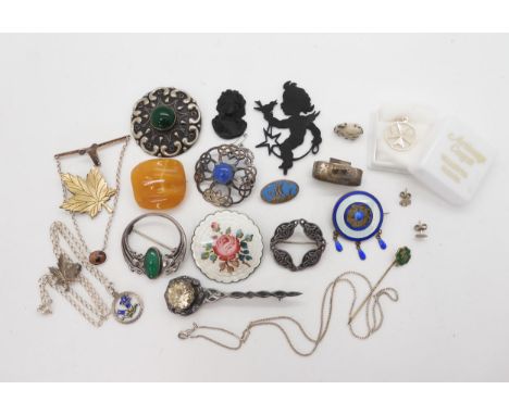 A Norwegian silver and enamel rose brooch by Holth, a Robert Allison citrine brooch, A john Hart green agate brooch and other