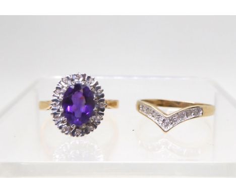 An 18ct amethyst and diamond accent ring size O, weight 4.7gms, together with a 9ct gold diamond set 'V' ring, size P1/2, wei