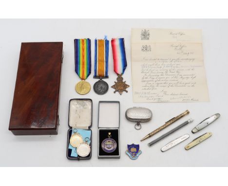 A WW1 British War Medal, Victory Medal and 1914-15 Star trio, awarded to S-1885 Pte. J. McEwan, Seaforth Highlanders with acc