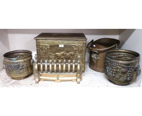 A pair of late Victorian brass planters with grape on the vine motifs and lion masque handles, brass helmet form coal hod, br