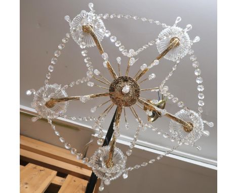 A contemporary Italian gold plated five branch chandelier with cut glass sconces and drop decoration, 50cm drop x 50cm diamet