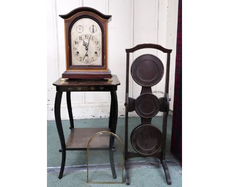 A 20th century mahogany cased mantle clock (def), a 20th century mahogany "Monoplane" folding cake stand and a floral painted