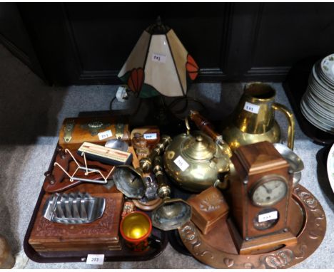 A brass kettle and jug, a copper plate,&nbsp; miniature longcase clock, wooden boxes etc Condition Report:No condition report