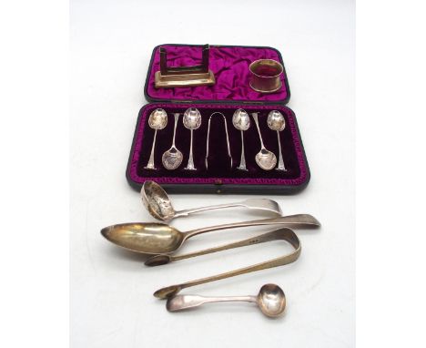 A collection of silver including a set of six silver Onslow pattern tea spoons and sugar tongs, by&nbsp;William Hutton &amp; 