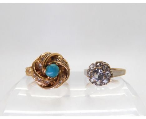 A 9ct gold clear gem set cluster ring, size J1/2, together with a yellow metal turquoise and clear gem cluster ring size K1/2