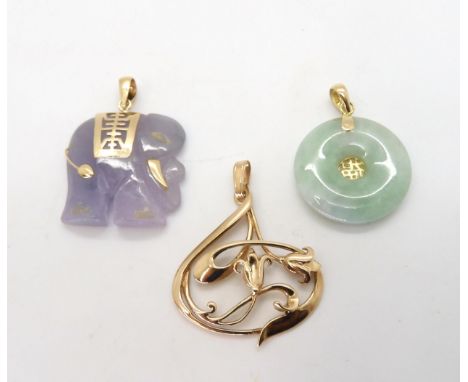 A 9ct gold Ortak Art Nouveau style pendant, weight 2.8gms together with a lavender jade Elephant pendant, and a further ronde