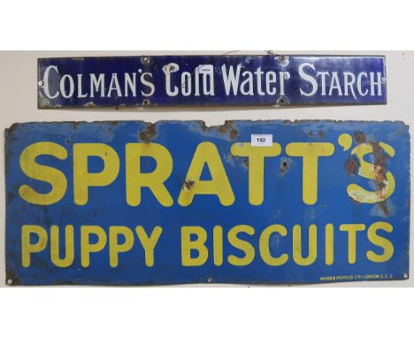 A enamel Spratt's puppy biscuits advertising sign and a Colman's cold water starch advertising sign (2) Condition Report:Avai