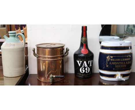 A Ceramic "Amontillado" sherry cask, large Vat 69 whisky bottle, copper urn with spigot and ceramic Stergene jug (4) Conditio