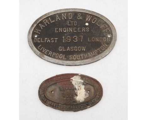 SHIPBUILDING/RAILWAY INTEREST An engine plate cast "Harland &amp; Wolff Ltd. Engineers, 1937, Belfast, Glasgow, London, Liver
