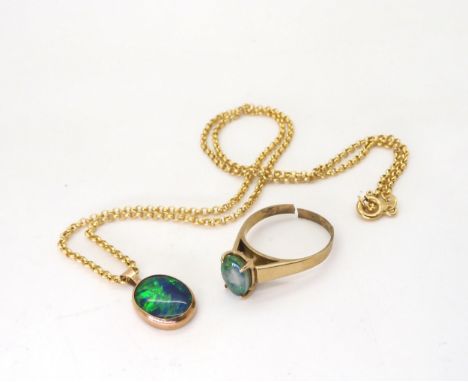 Two opal doublet items, a ring mounted in yellow metal (af) approx size Q, and a 9ct opal pendant and chain length 50cm, weig