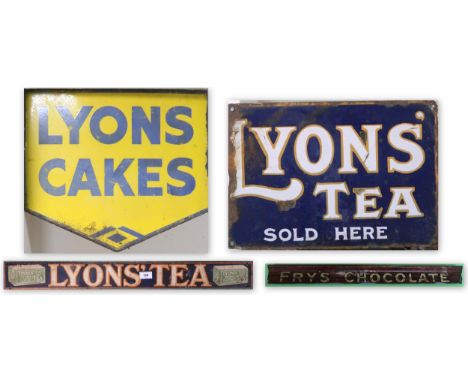 A 20th century enamel Lyons cakes advertising sign, enamel Lyons tea advertising sign and another enamel Lions tea advertisin