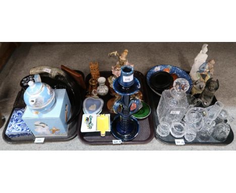 A collection of assorted ceramics and glass including a Maori trinket box, pottery candlestick, crystal decanter etc Conditio