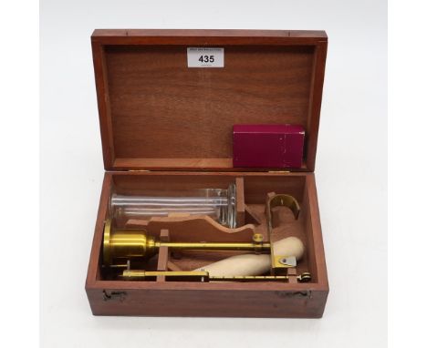 A lacquered brass specific gravity balance scale, in fitted wooden case, including a small mercury thermometer Condition Repo