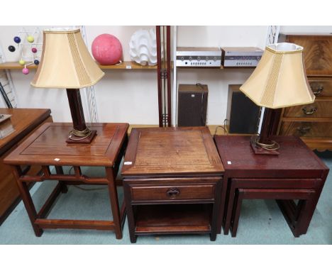 A Scottish Carrick standard lamp, pair of accompanying table lamps, nest of three tables and an Oriental hardwood single draw