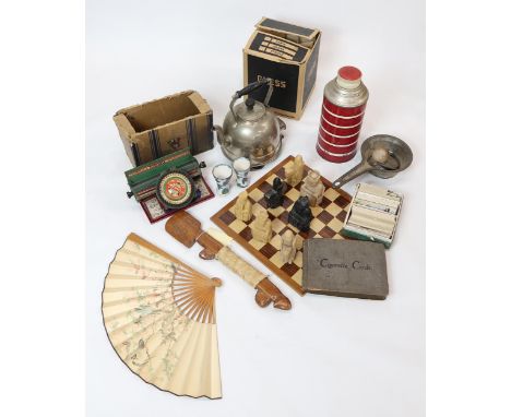 A resin Lewis Chessmen replica set, boxed Simplex Portable Typewriter, cigarette cards, vintage Vacco flask etc. Condition Re