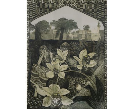 BARBARA ROBERTSON (SCOTTISH 1946-2018) LEOPARD GARDEN Print multiple, signed lower right, dated (19)76, numbered 2/20, 60 x 4