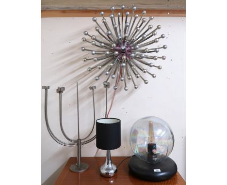 A 20th century Italian Valenti Luce for Tetrarch, Pistillo lamp, a 20th century iridescent globe lamp, steel based table lamp