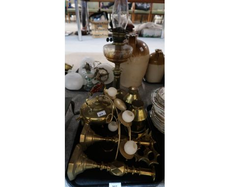 Assorted brassware including candlesticks, trivets, oil lamp&nbsp; &nbsp;and cannisters etc Condition Report:No condition rep