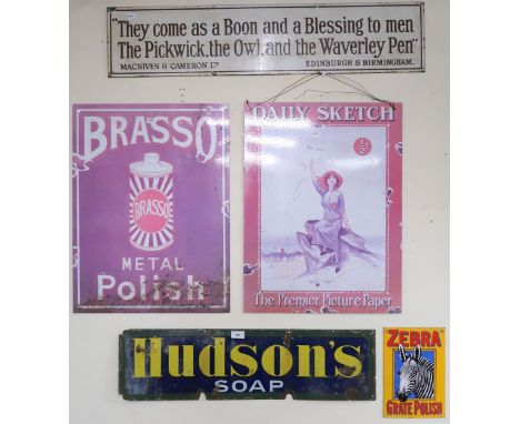 A reproduction Brasso&nbsp;advertising sign, reproduction Daily Sketch&nbsp;advertising sign, Hudson's soap enamel&nbsp;adver