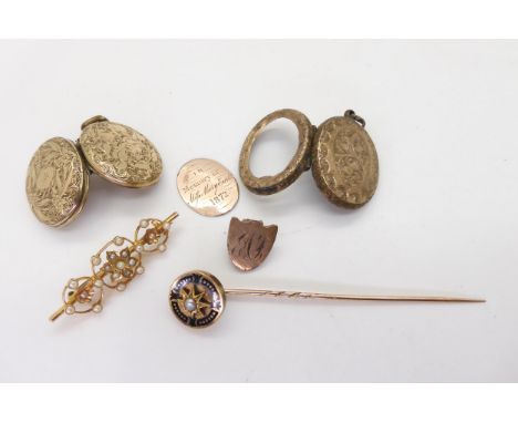 A 15ct gold pearl set brooch length 3.9cm, weight 2.6gms, together with an enamel and pearl mourning pin, two back &amp; fron