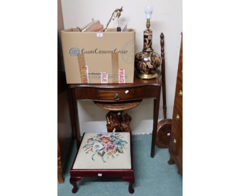 A serpentine front single drawer hall table, tapestry footstool, brass bed warming pan and a box of assorted ceramics etc Con