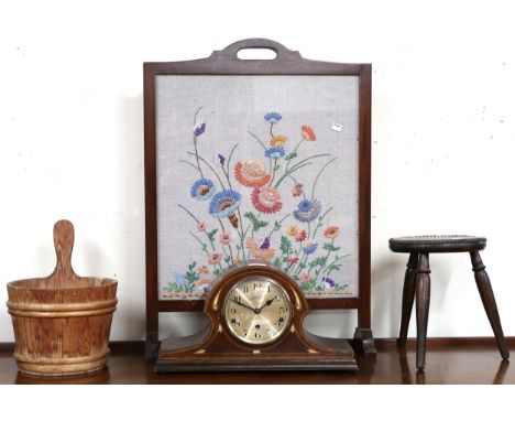 A 20th century mahogany framed tapestry fire screen, mahogany art nouveau mantle clock, small three legged stool and a pine w