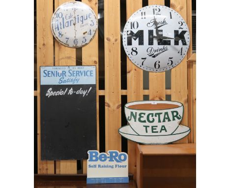 A Nectar tea enamel advertising sign, two assorted metallic cafe clocks, Senior Service tobacco advertising board and a Be-Ro
