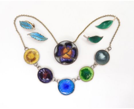 A pair of David Andersen green enamel leaf earrings, together with a further pair of blue enamel earrings, an enamel necklace