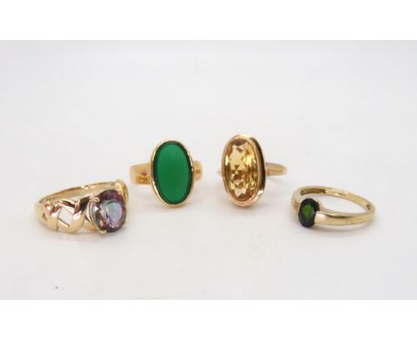 A 10k mystic topaz ring size Q1/2, a diopside ring size M1/2, a retro citrine ring hallmarked 1975, size M1/2, 9.5gms, and&nb