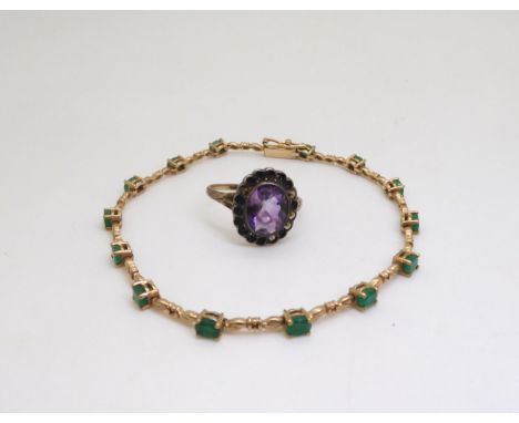 A 9ct gold emerald bracelet length 19cm, together with a 9ct and silver amethyst and marcasite ring size Q, weight 7.9gms Con