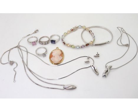 A 9ct gold cameo pendant, weight 6gms, three pendants, a pair of earrings and a bangle all by Hot Diamonds, a rainbow gemston