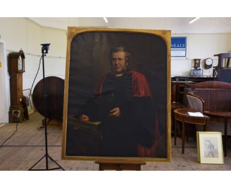 An oil on canvas portrait of a Canon Miller leaning on a pile of books. Signed indistinctly lower right (repaired). Est £150-