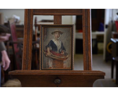 W F Yeames, an oil on board, portrait of a young girl wearing a bonnet and carrying a basket of cherries. 6½ by 9½ins. In a g